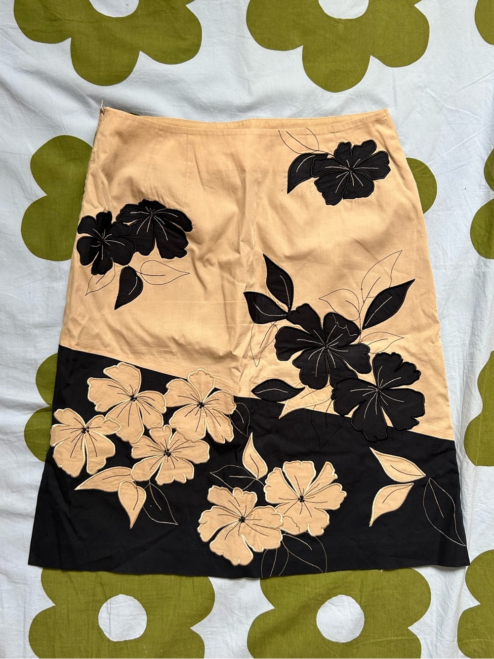 Grace Elements tan & navy knee-length embroidered floral A-line Skirt